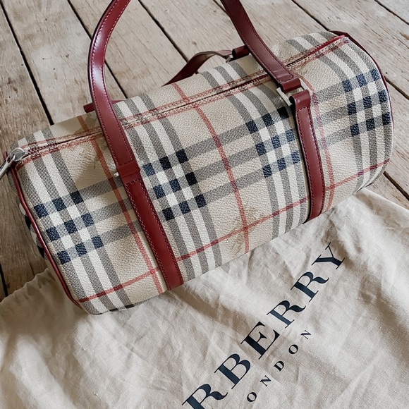 Burberry | Women’s Haymarket Check Barrel Bag Red - Picture 1 of 8